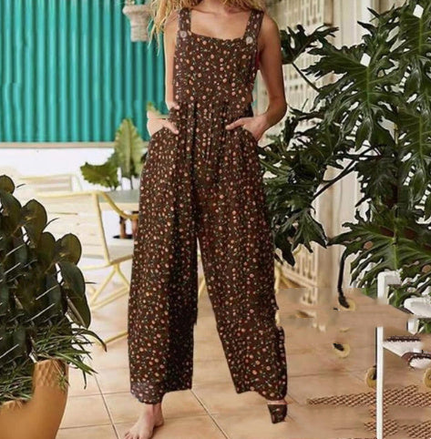 Sarah Express Women's Patchwork Printed Button Suspender Jumpsuit Loose Fit Cotton Blend Casual Overall
