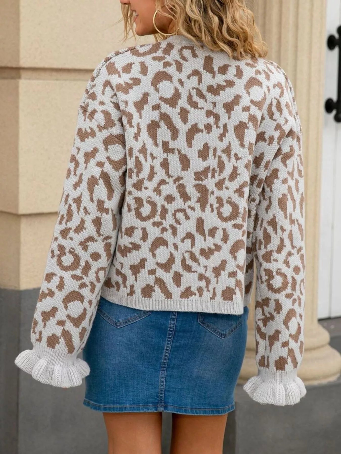 Sarah Express Women's Leopard Print Tie-Front Cardigan with Ruffle Trim