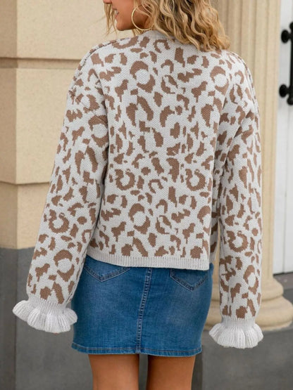 Sarah Express Women's Leopard Print Tie-Front Cardigan with Ruffle Trim