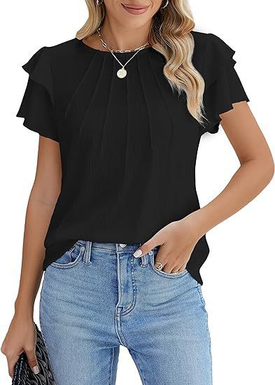 Sarah Express Women's Pleated Round Neck Blouse Short Sleeve Professional Work Top