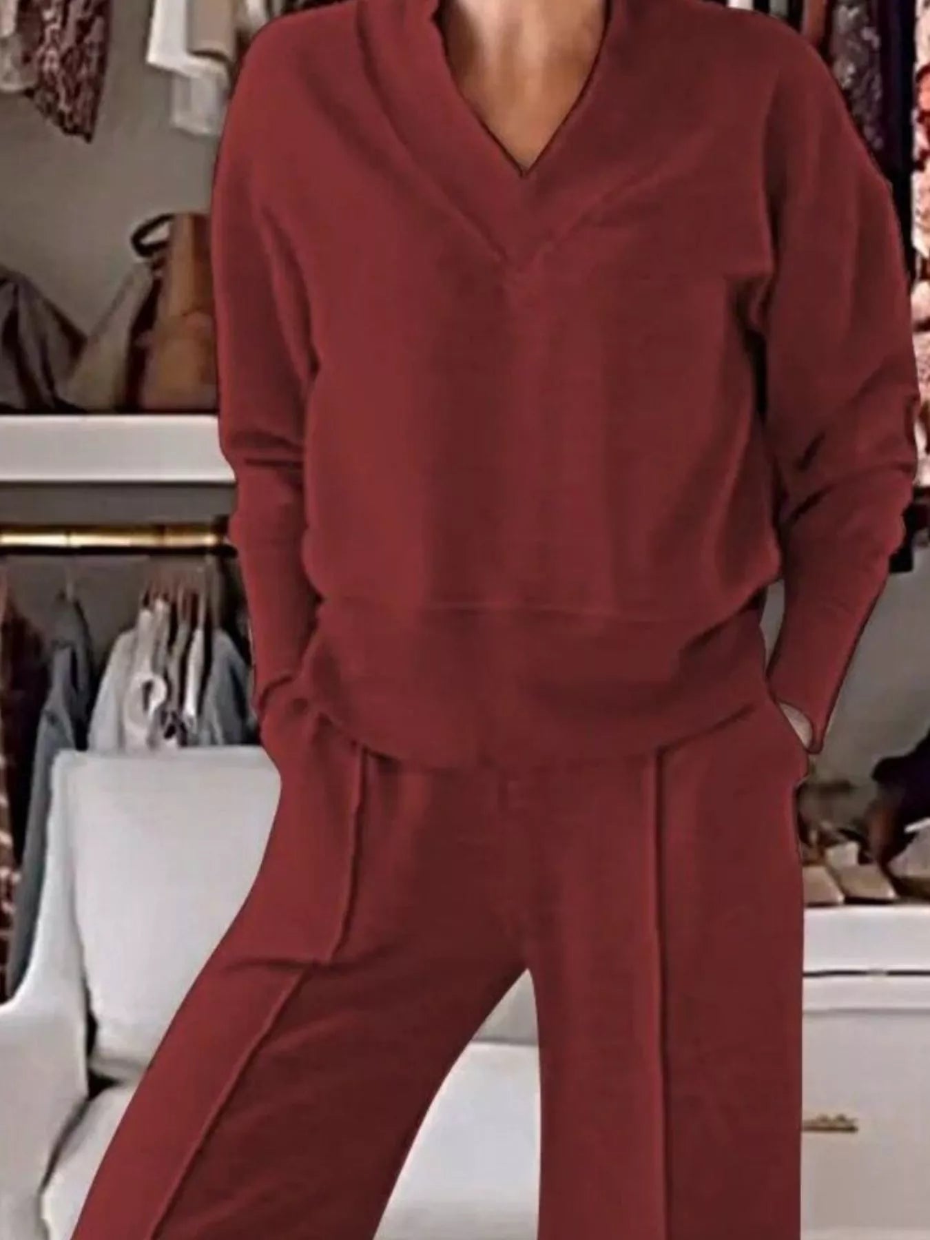 Sarah Express Women's Cozy V-Neck Top and Pants Lounge Set