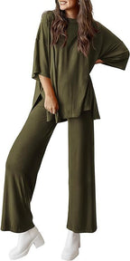 Sarah Express Two Piece Pullover Top Wide Leg Pants Set Polyester