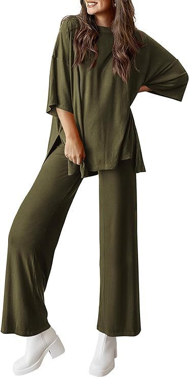 Sarah Express Two Piece Pullover Top Wide Leg Pants Set Polyester