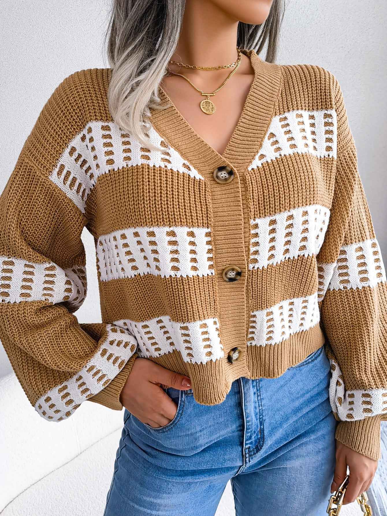 Sarah Express Women's Color Block Lantern Sleeve Cardigan Sweater Coat - Designer Knitwear