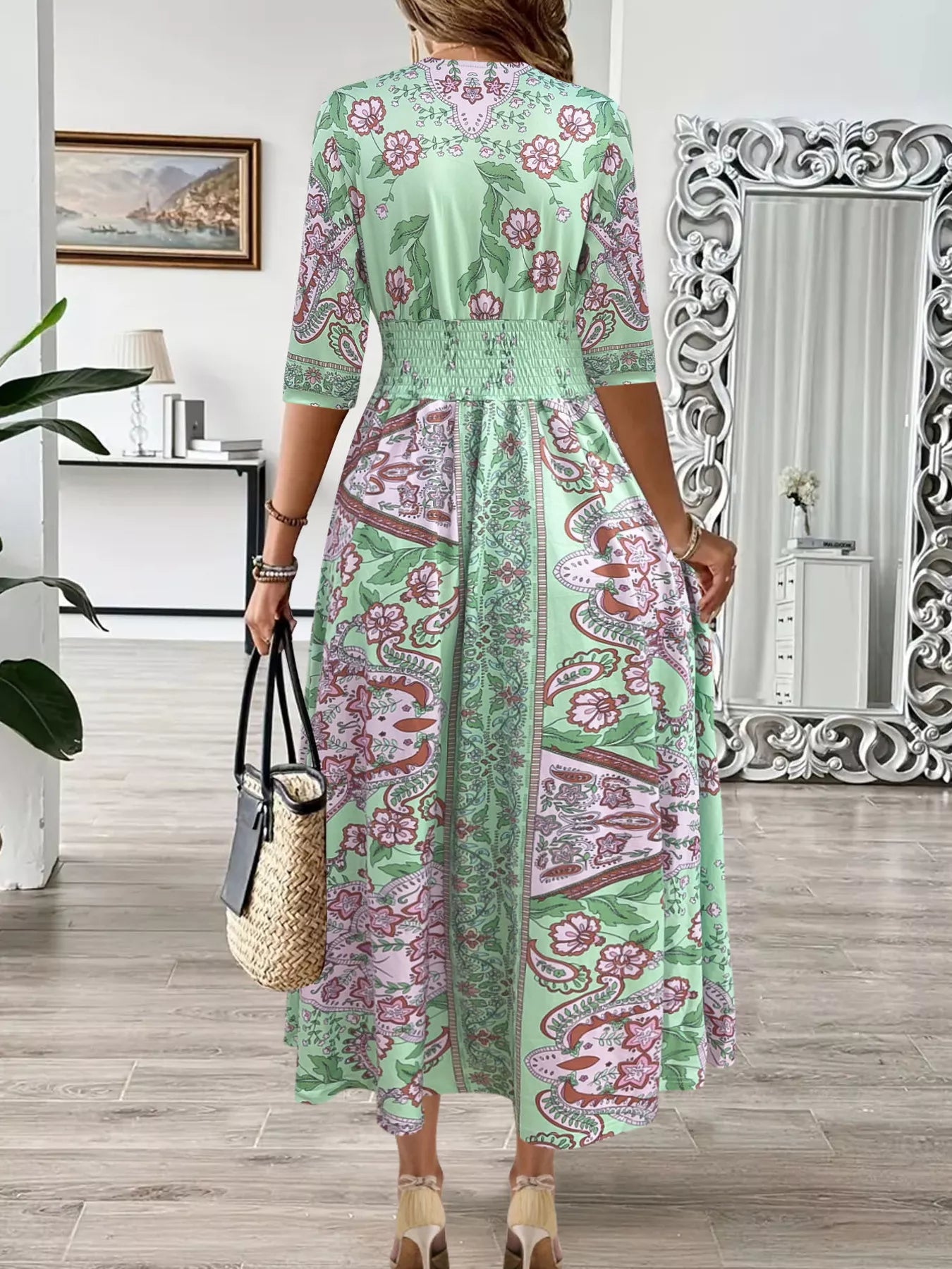 Sarah Express Women's Smocked Printed Half Sleeve Midi Dress