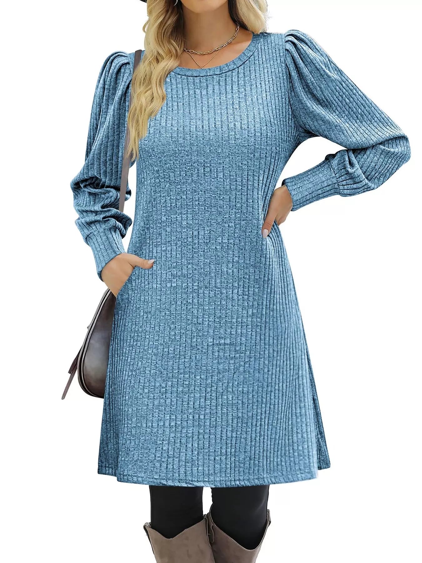Sarah Express Women's Ribbed Knit Puff Sleeve Mini Dress