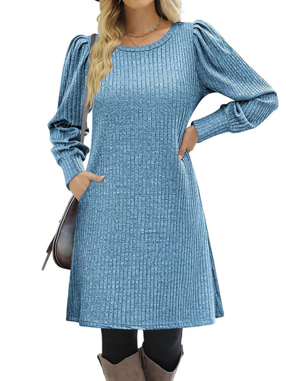 Sarah Express Women's Ribbed Knit Puff Sleeve Mini Dress