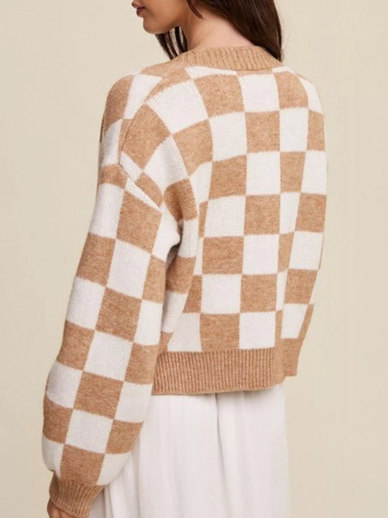 Sarah Express Women's Checkerboard Pattern Button-Down Cardigan