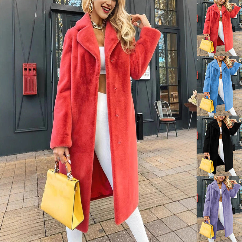 Sarah Express Lace-Up Plush Long Coat Turn-Down Collar Outerwear