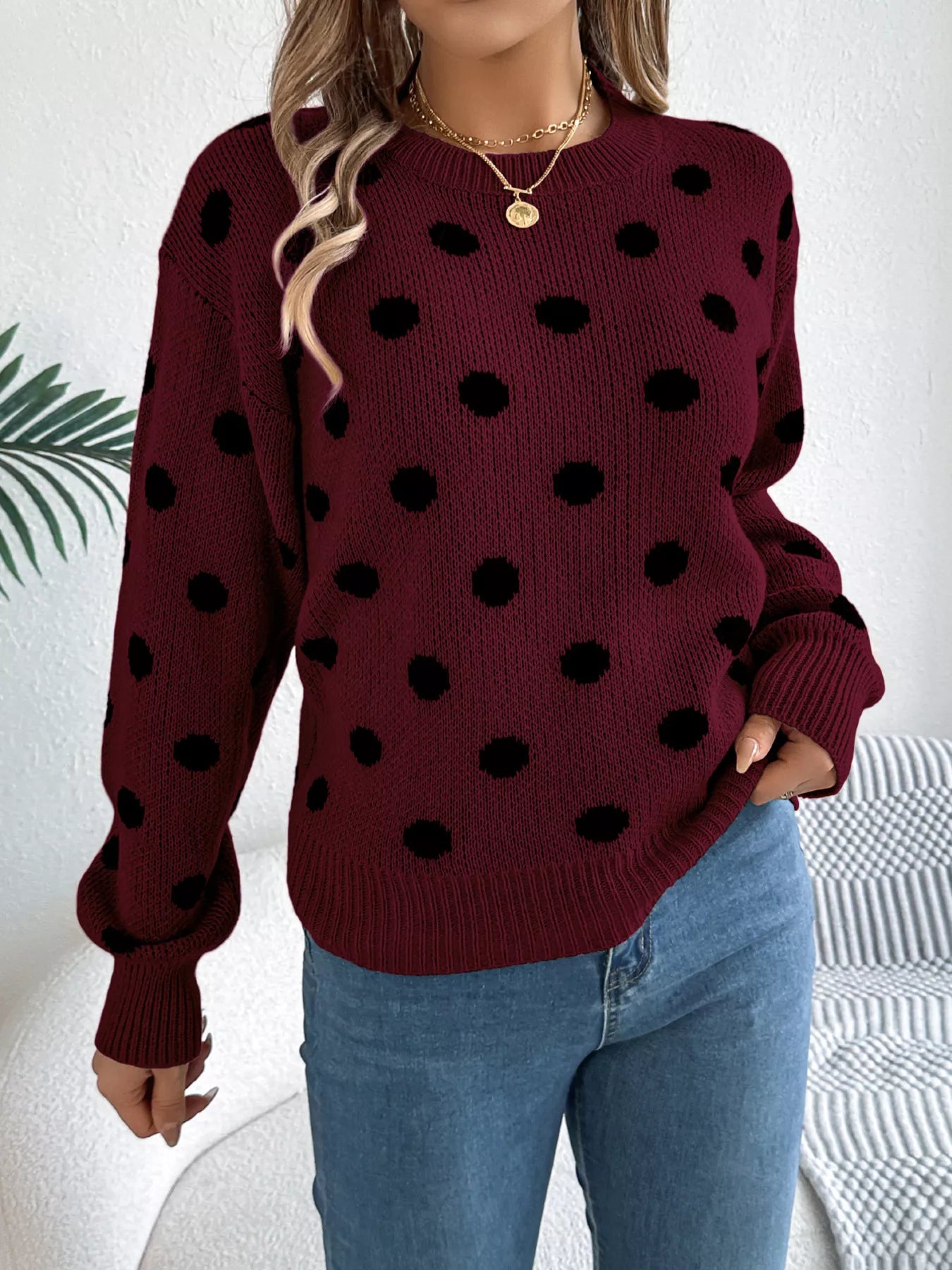 Sarah Express Women's Polka Dot Round Neck Sweater