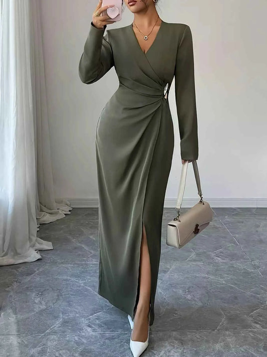 Sarah Express Women's Slit Surplice Long Sleeve Maxi Dress - Ruched Elegant Evening Dress Olive