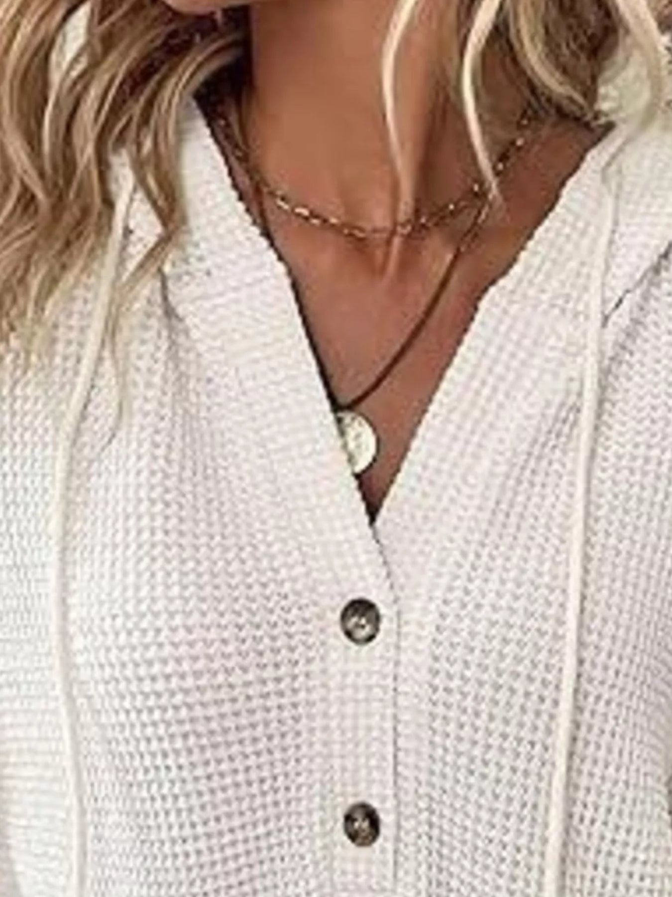 Sarah Express Women's Button Detail Waffle Knit Hoodie - Plus Size Drawstring Pullover with Pockets