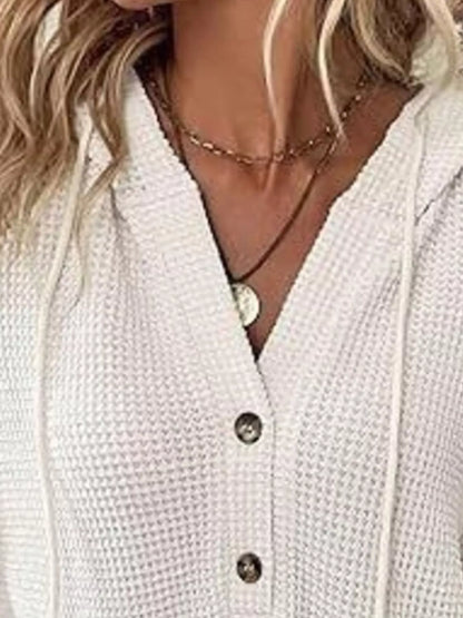 Sarah Express Women's Button Detail Waffle Knit Hoodie - Plus Size Drawstring Pullover with Pockets