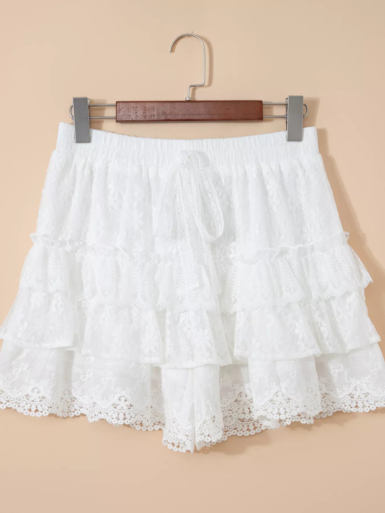 Sarah Express Women's Lace Ruffle Tiered Drawstring Elastic Waist Shorts