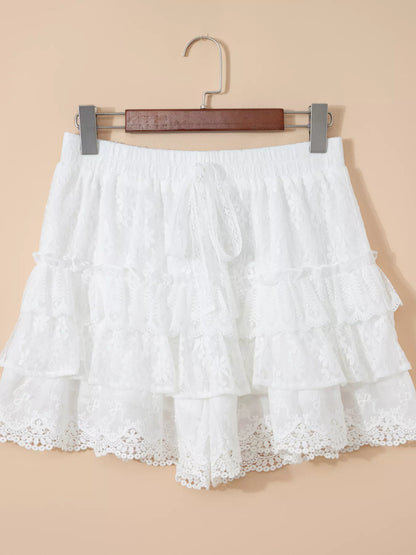 Sarah Express Women's Lace Ruffle Tiered Drawstring Elastic Waist Shorts