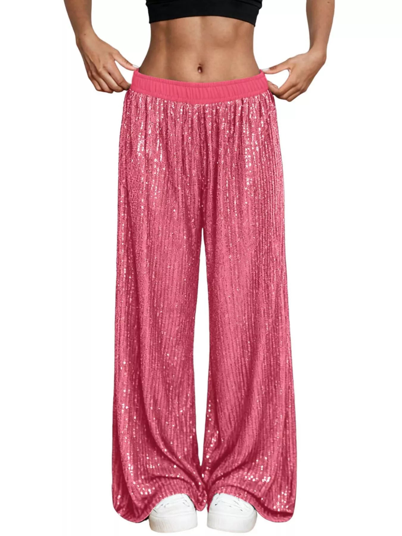 Sarah Express Women's Sequin Wide Leg Pants - High Waist Sparkle Palazzo Trousers