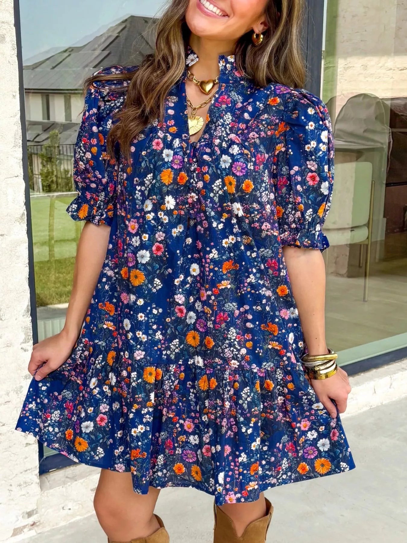 Sarah Express Women's Floral Print Ruffle Hem Mini Dress Short Sleeve Cotton Blend Summer Dress