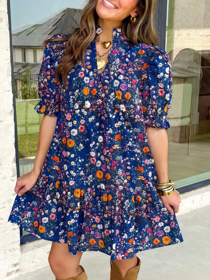 Sarah Express Women's Floral Print Ruffle Hem Mini Dress Short Sleeve Cotton Blend Summer Dress