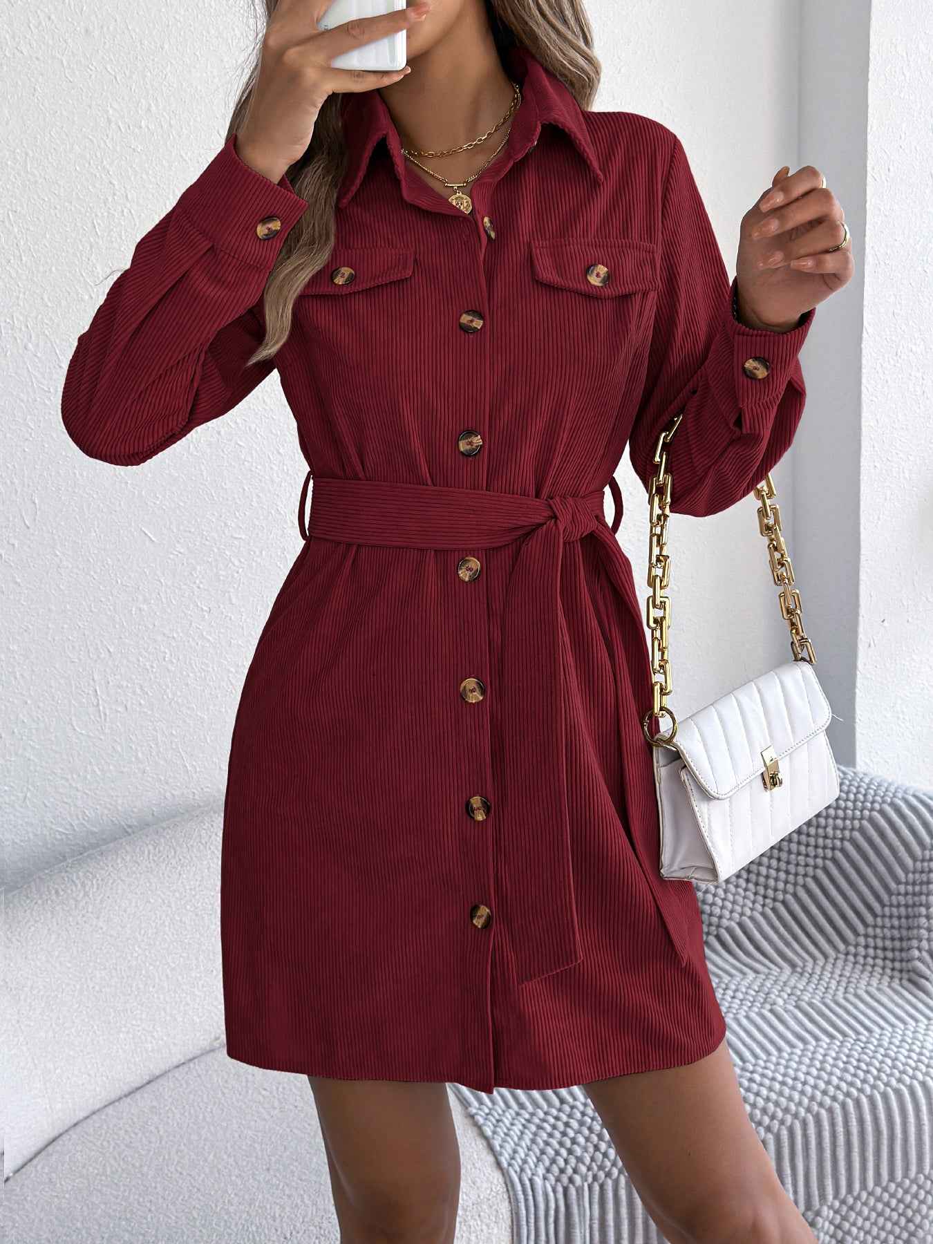 Sarah Express Women's Corduroy Shirt Dress - Long Sleeve Button Front Casual Dress