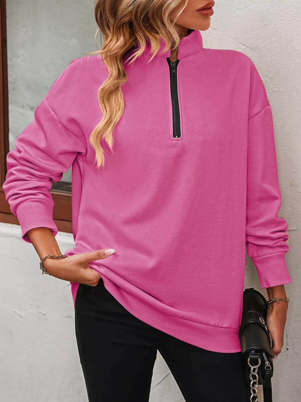 Sarah Express Women's Quarter Zip Dropped Shoulder Sweatshirt