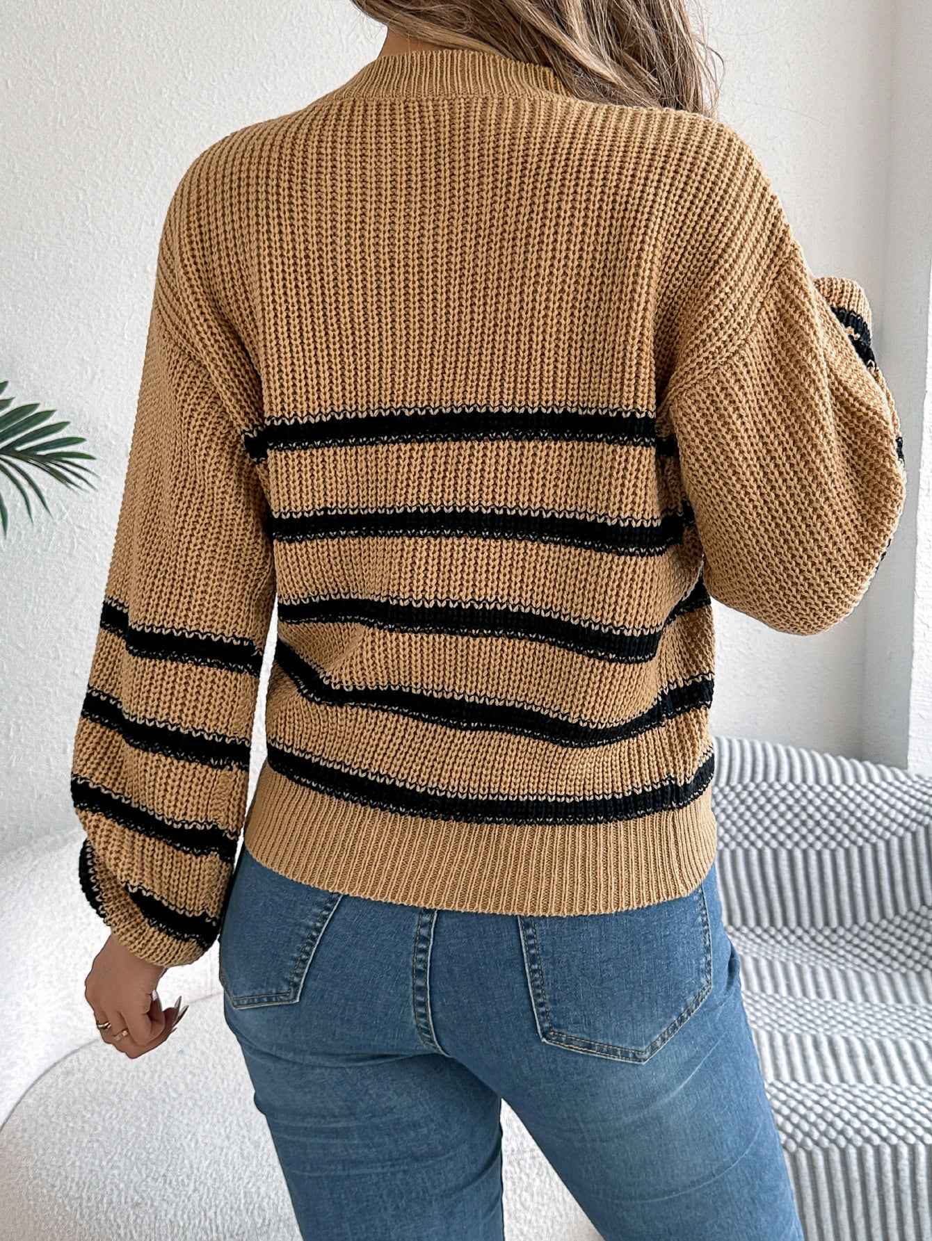 Sarah Express Women's Color Block Stripe Lantern Sleeve Pullover Sweater - Casual Knit Top