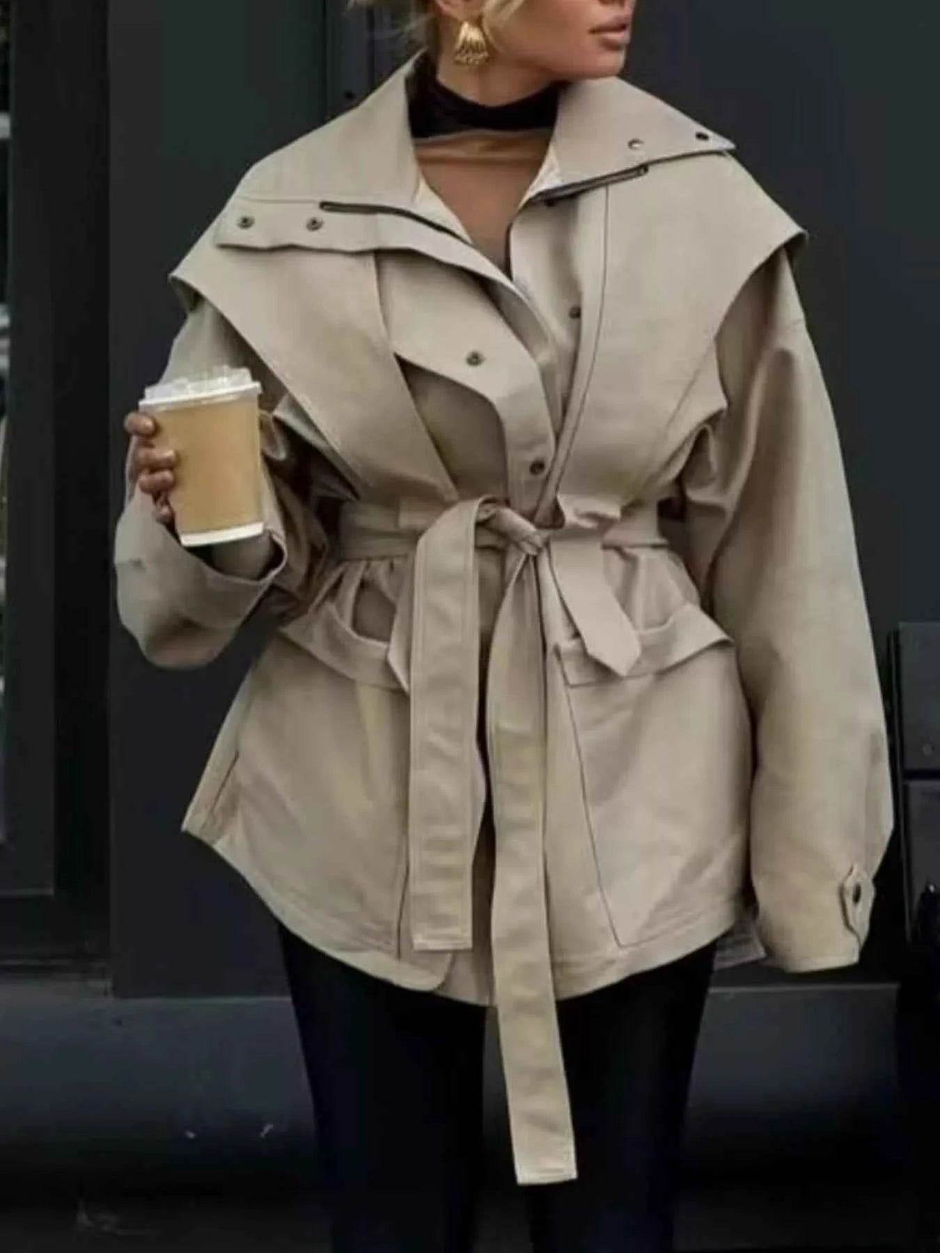 Sarah Express Women's Tie Waist Snap Down Trench Coat - Buttoned Pocketed Outerwear