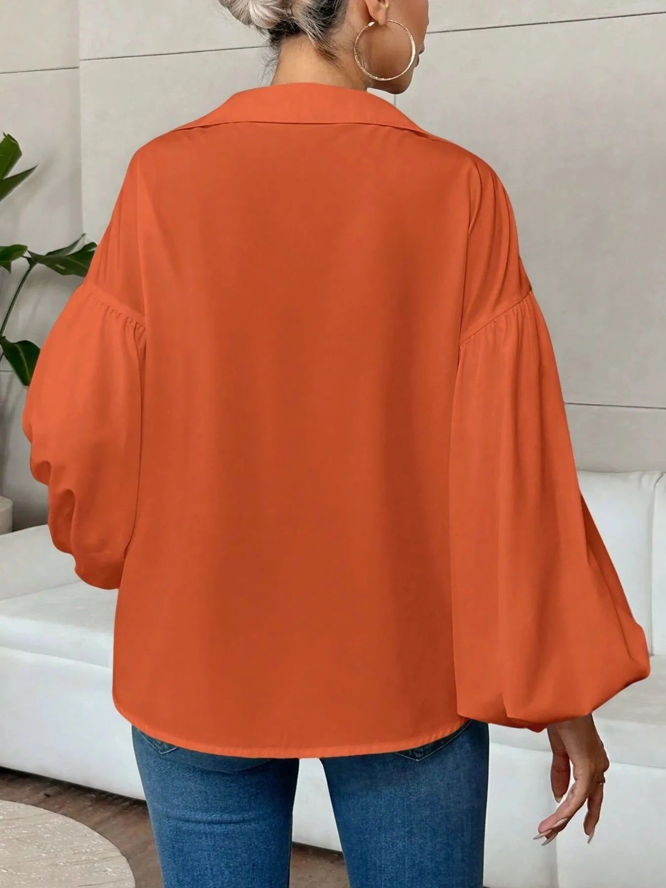 Sarah Express Women's Polka Dot Balloon Sleeve Blouse - Oversized Button-Up Top