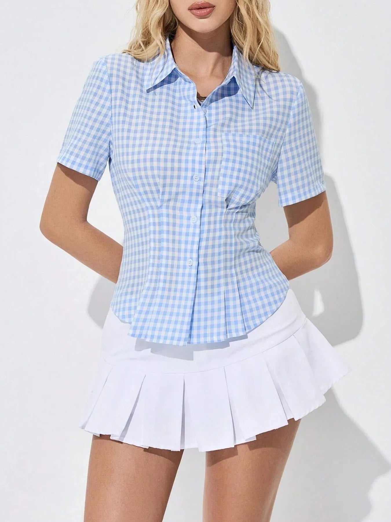 Sarah Express Women's Gingham Short Sleeve Button-Up Shirt