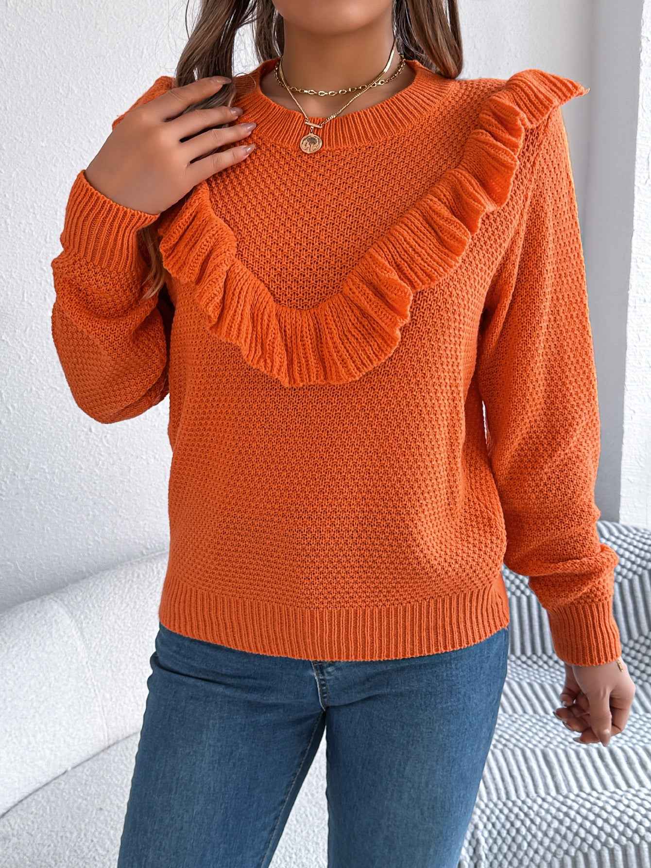 Sarah Express Women's Ruffled Long Sleeve Pullover Sweater - Elegant Solid Color Knitwear Orange