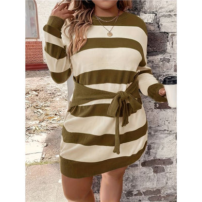 Sarah Express Women's Plus Size Striped Knit Midi Dress - Long Sleeve Casual Sweater Dress Color
