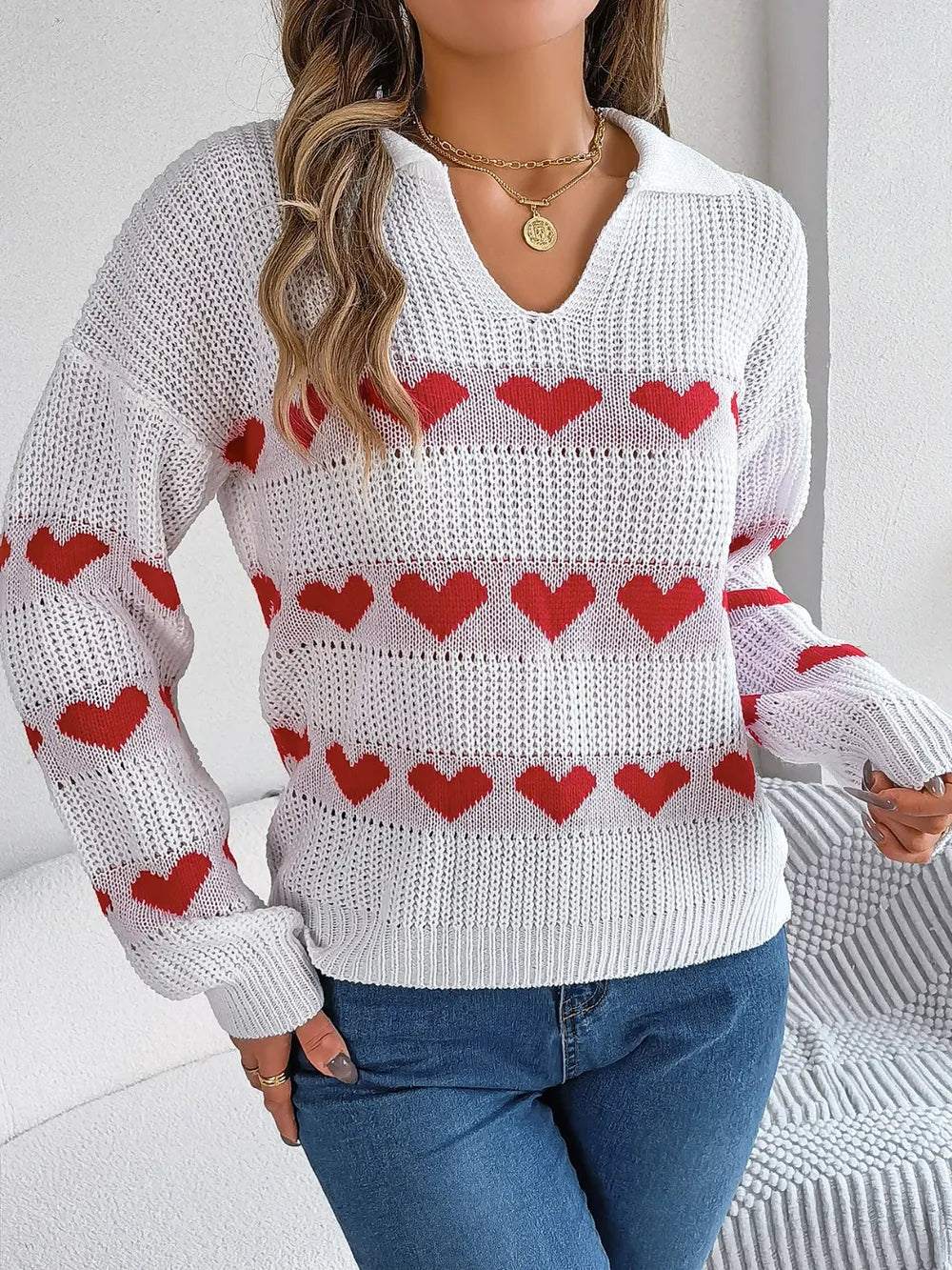 Sarah Express Women's Heart Johnny Collar Long Sleeve Sweater White