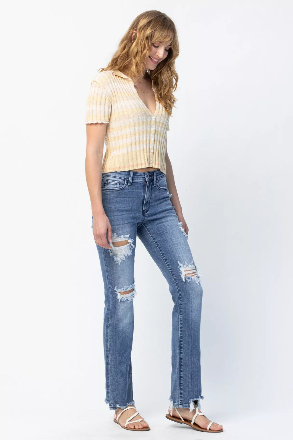 Sarah Express Women’s Plus Size Distressed Mid Rise Straight Jeans
