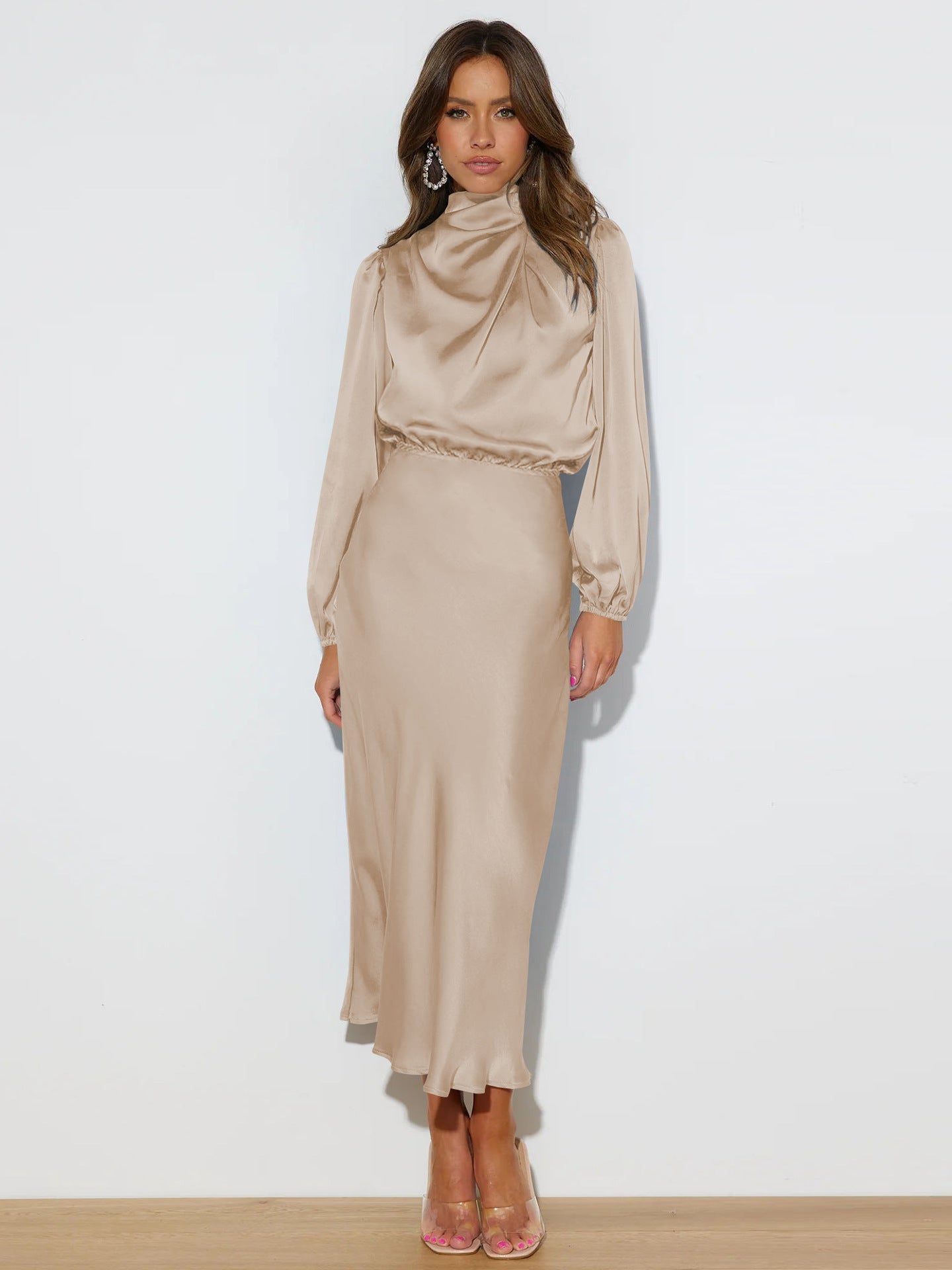 Sarah Express Women's Satin Formal Dress Halter Neck Long Sleeve Evening Midi Elegant