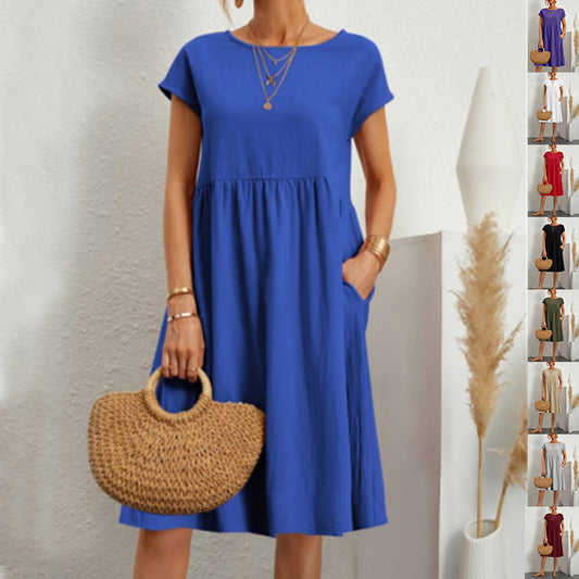 Sarah Express Women's Summer A-Line Dress with Pockets - Casual Short Sleeve Round Neck