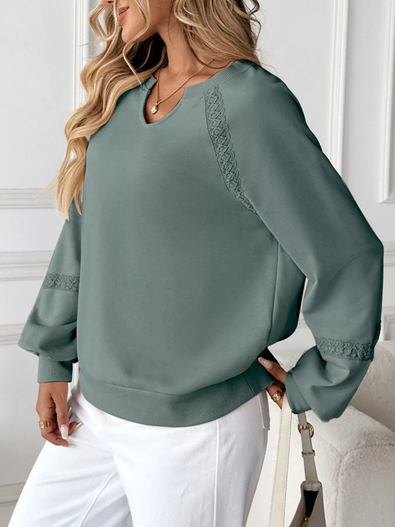 Sarah Express Women's Notched Raglan Sleeve Sweatshirt with Lace Detail
