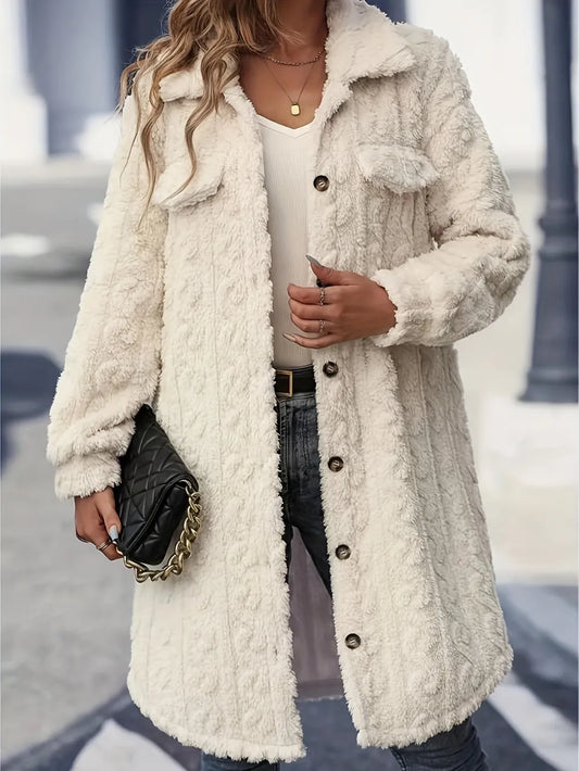 Sarah Express Women's Fuzzy Button Up Long Sleeve Longline Coat Cream