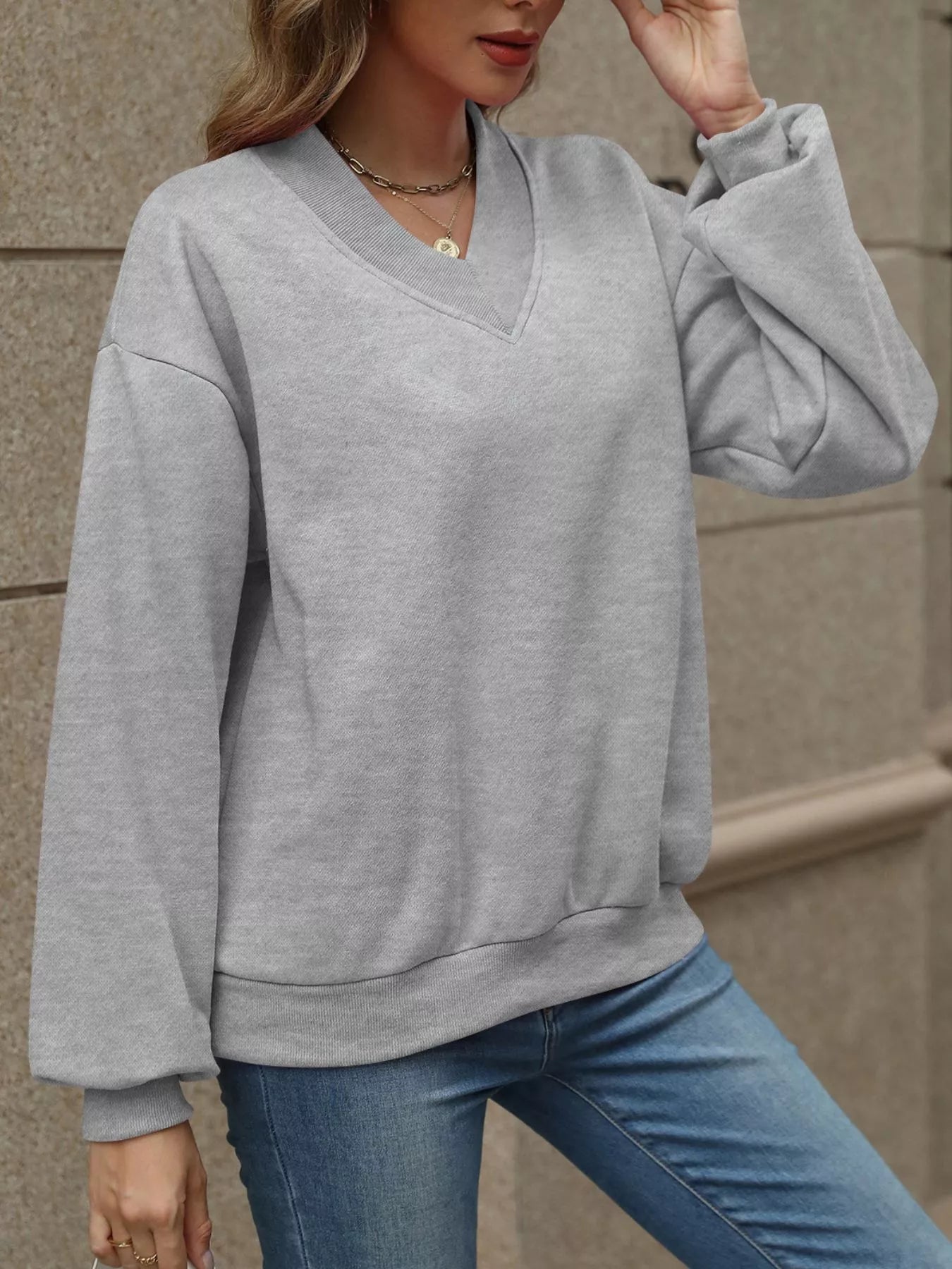 Sarah Express Women's V-Neck Solid Color Casual Sweatshirt