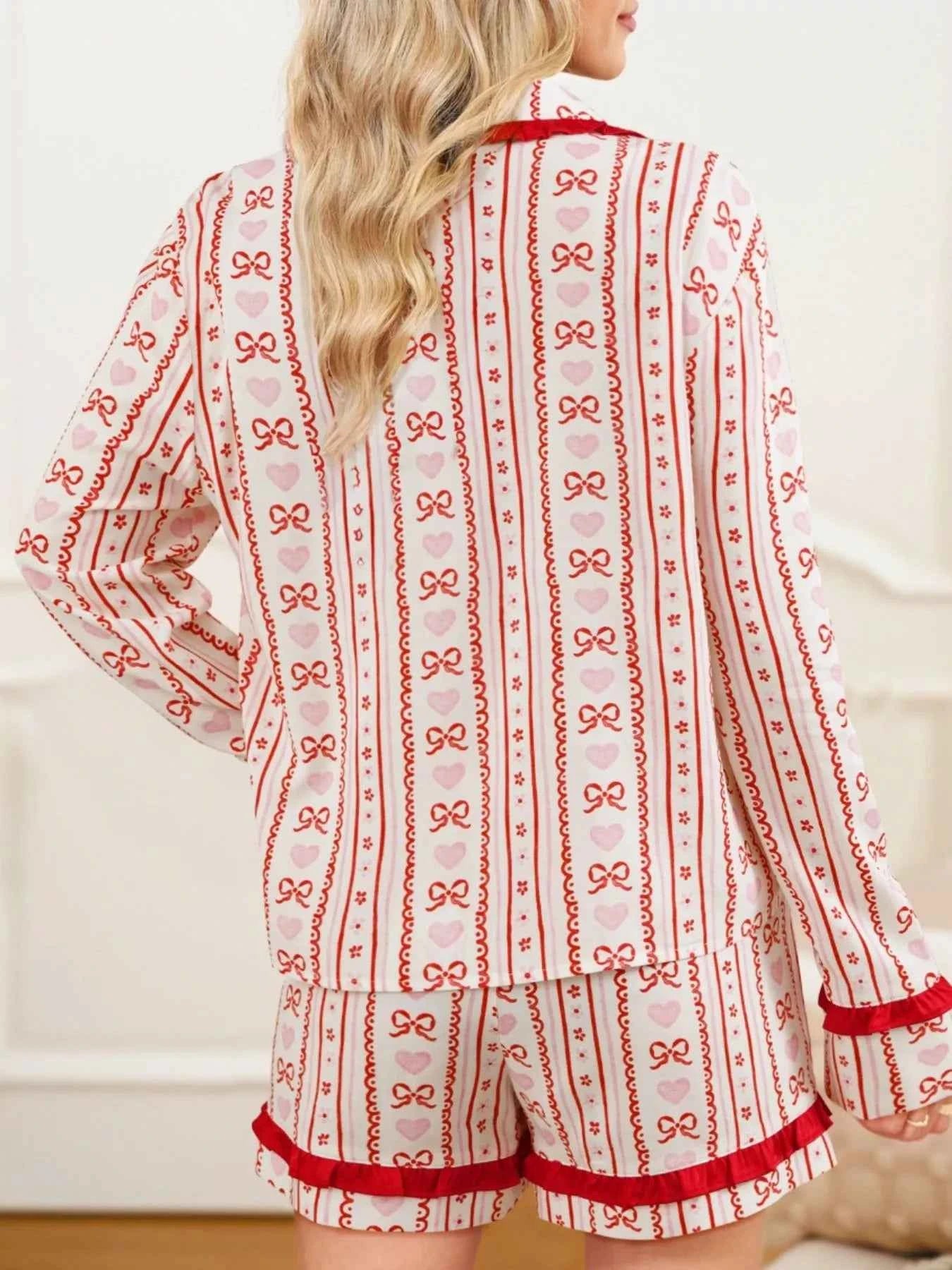 Sarah Express Women's Floral Heart Bow Print Long Sleeve Pajama Set - Two Piece Sleepwear