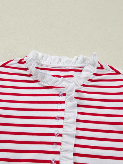 Sarah Express Women's Stripe Contrast Frilled Trim Half Button Long Sleeve Top