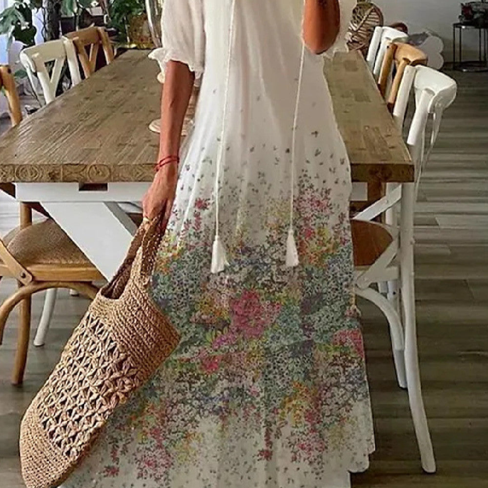 Sarah Express Women's Floral Print V-Neck Maxi Dress Short Sleeve A-Line Pullover