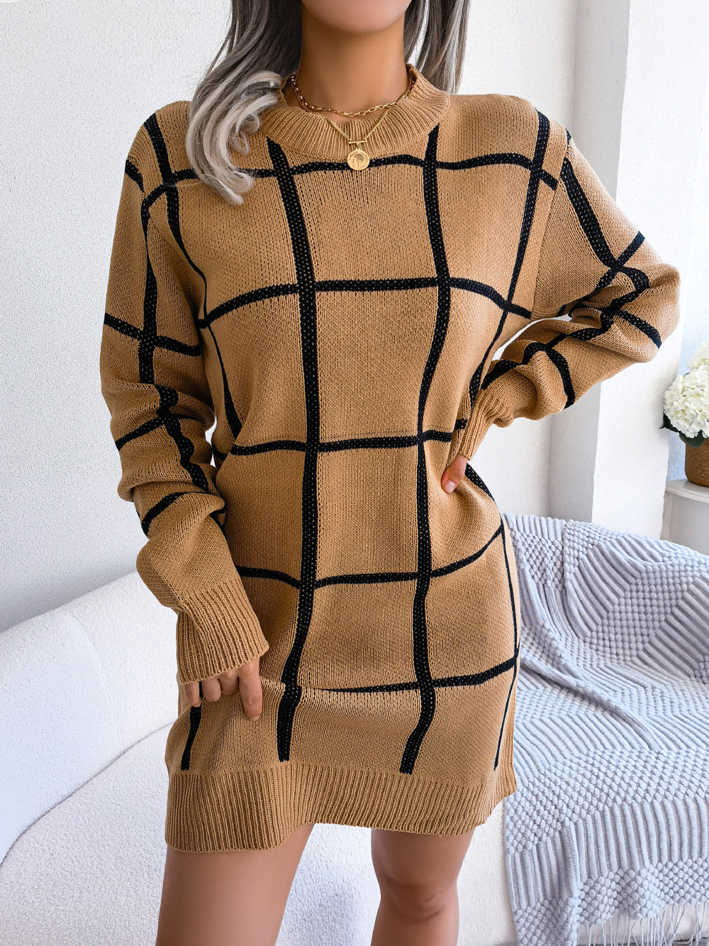 Sarah Express Women's Color Block Plaid Sweater Dress Long Sleeve Casual Knit Dress Khaki