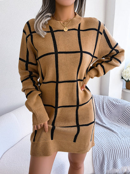 Sarah Express Women's Color Block Plaid Sweater Dress Long Sleeve Casual Knit Dress Khaki