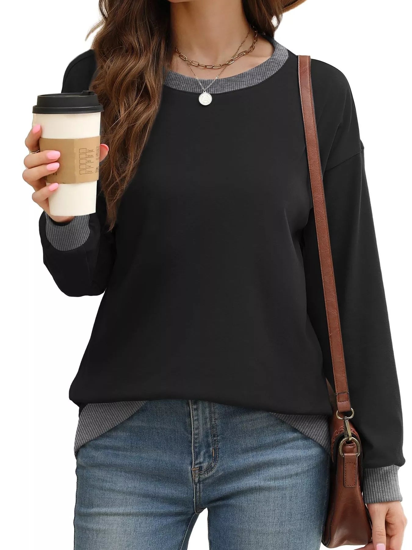 Sarah Express Women's Contrast Trim Crew Neck Casual Sweatshirt