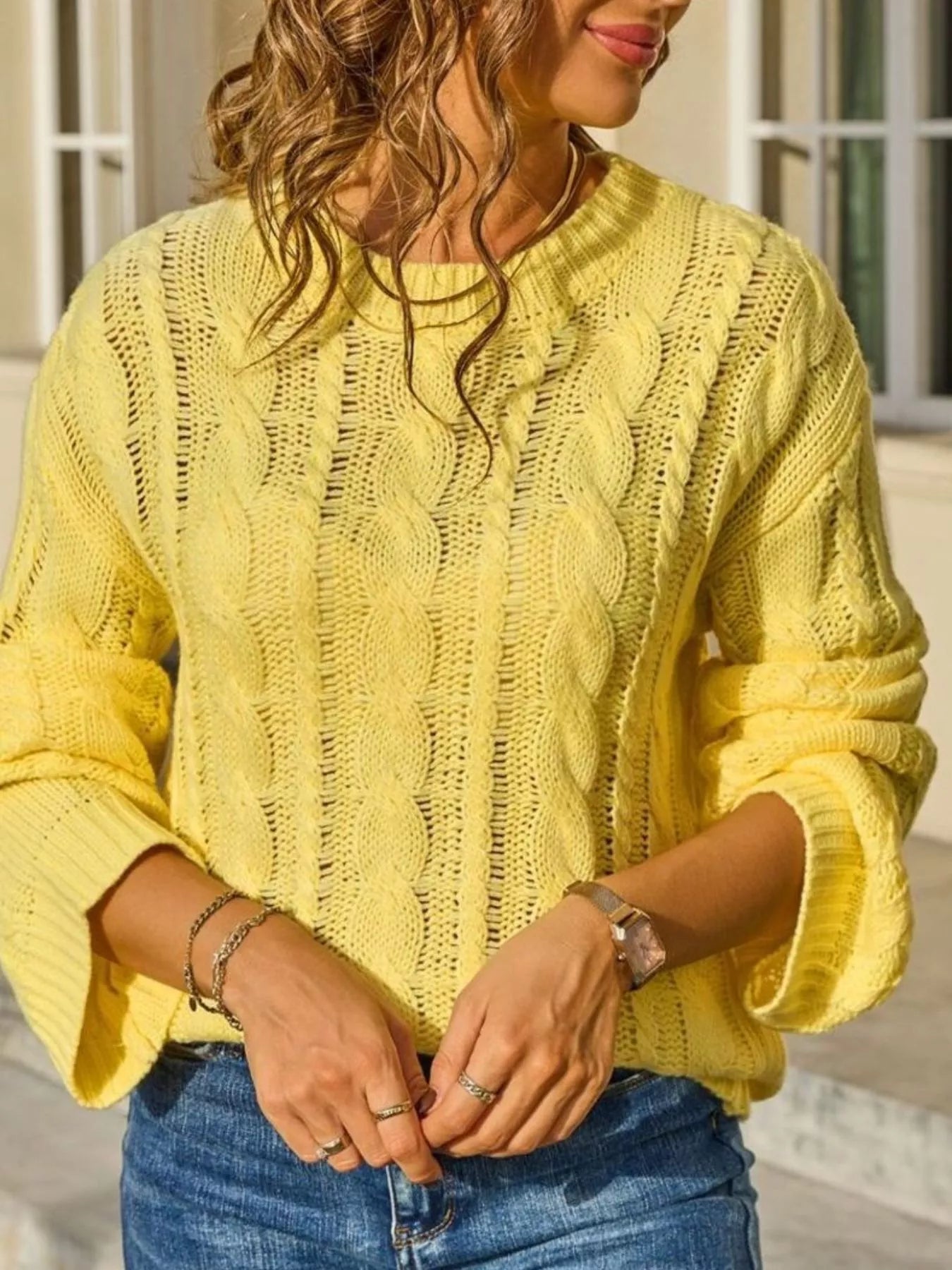 Sarah Express Women's Cable Knit Sweater - Long Sleeve Openwork Pullover