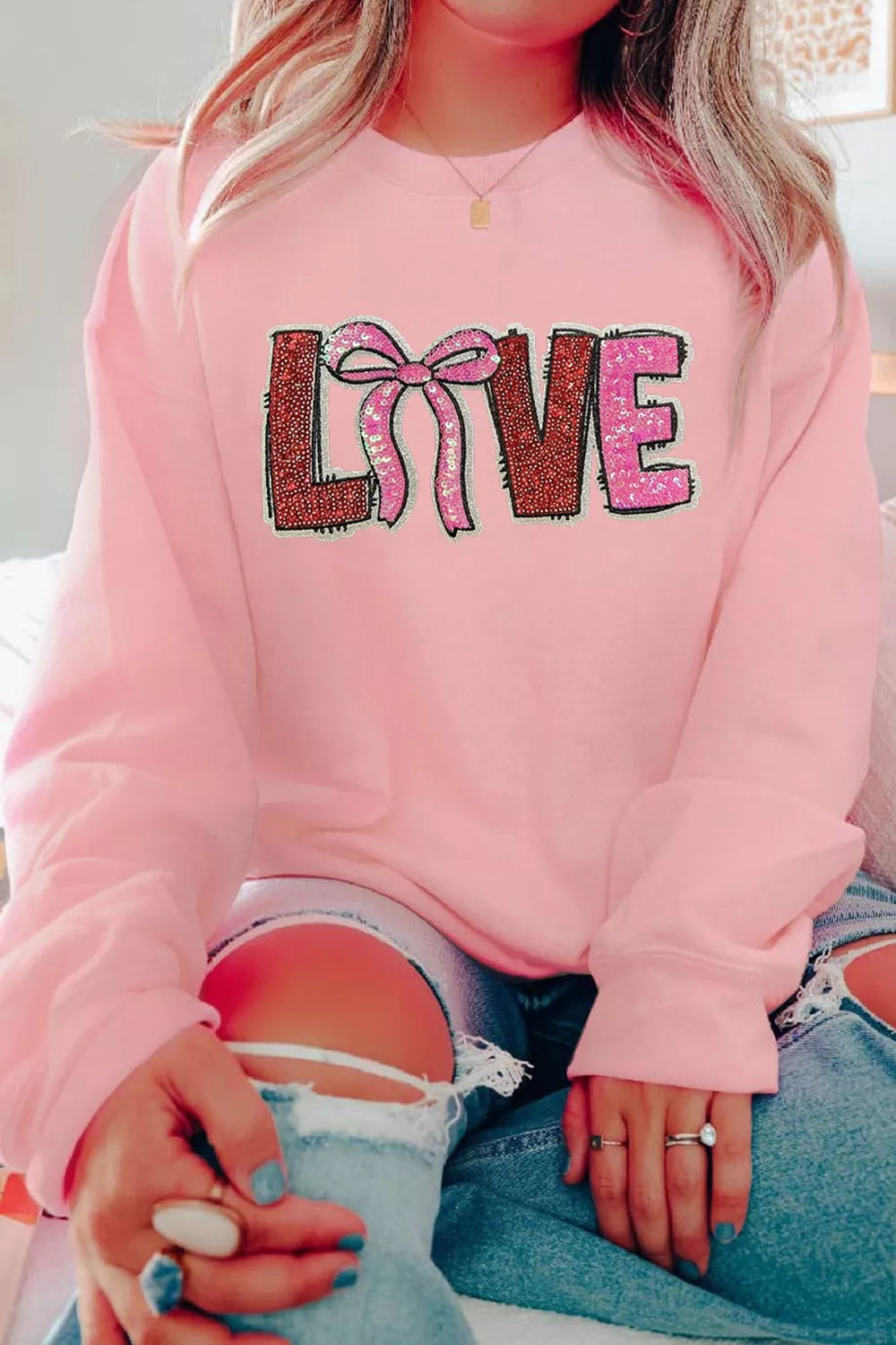 Sarah Express Bow Love Sequin Pattern Valentine Sweatshirt