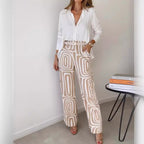 Sarah Express Women's 2-Piece Suit Set Lapel Shirt Wide Leg Pants Printed