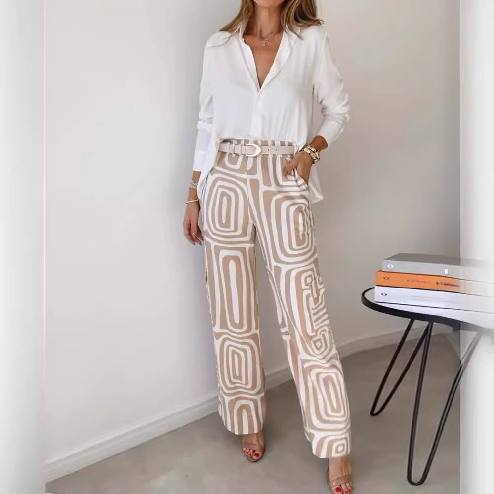 Sarah Express Women's 2-Piece Suit Set Lapel Shirt Wide Leg Pants Printed
