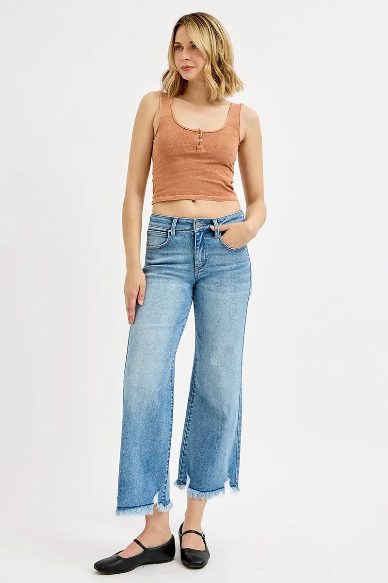 Sarah Express Women’s Plus Size Mid Rise Cropped Wide Leg Jeans with Raw Hem