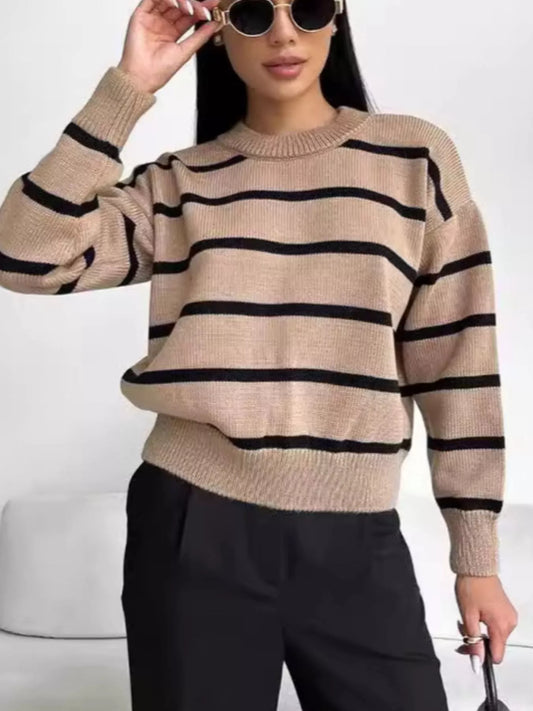 Sarah Express Women's Striped Knit Round Neck Sweater Taupe