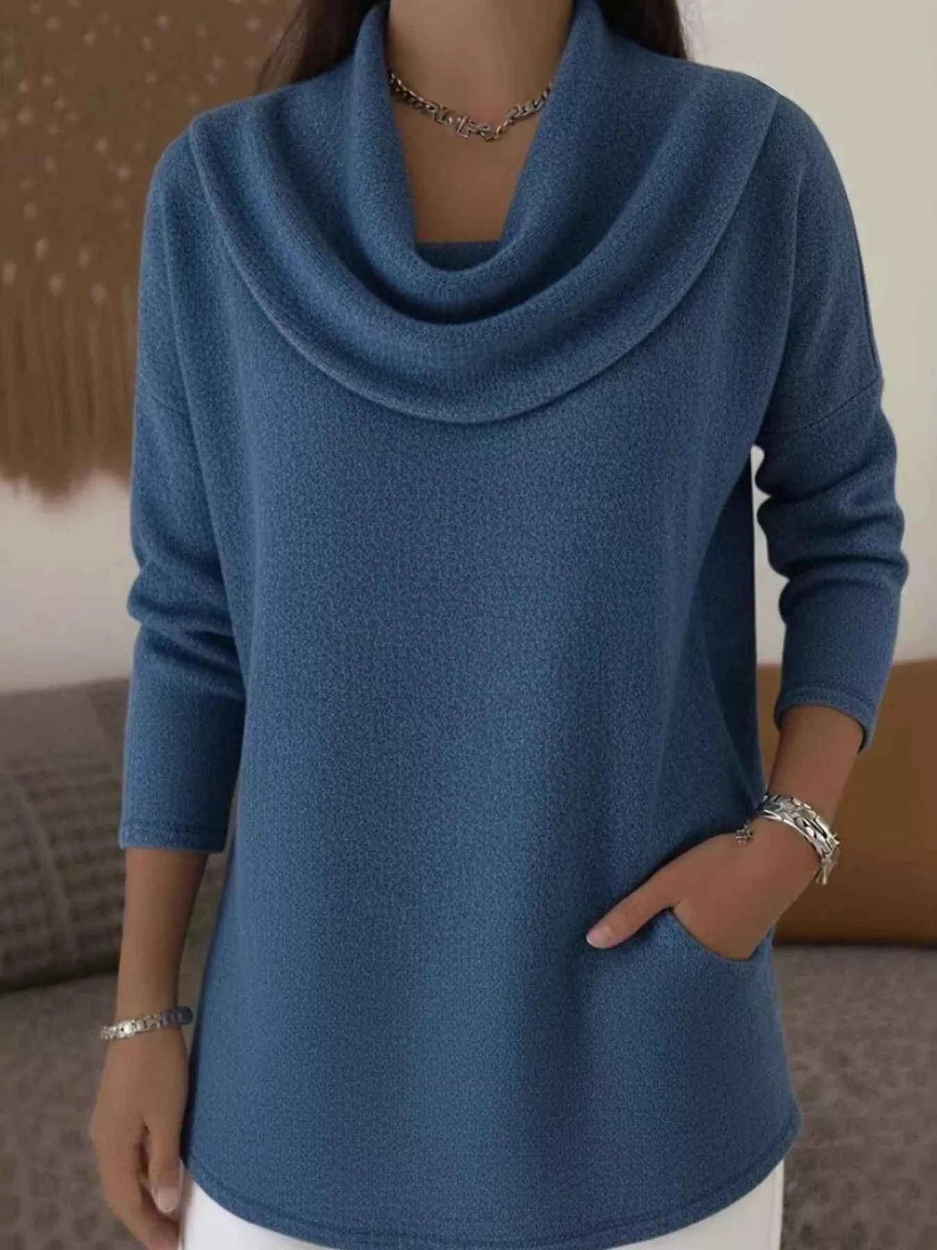 Sarah Express Women's Cowl Neck Long Sleeve Top - Plus Size Casual Tunic Blouse with Pockets Blue